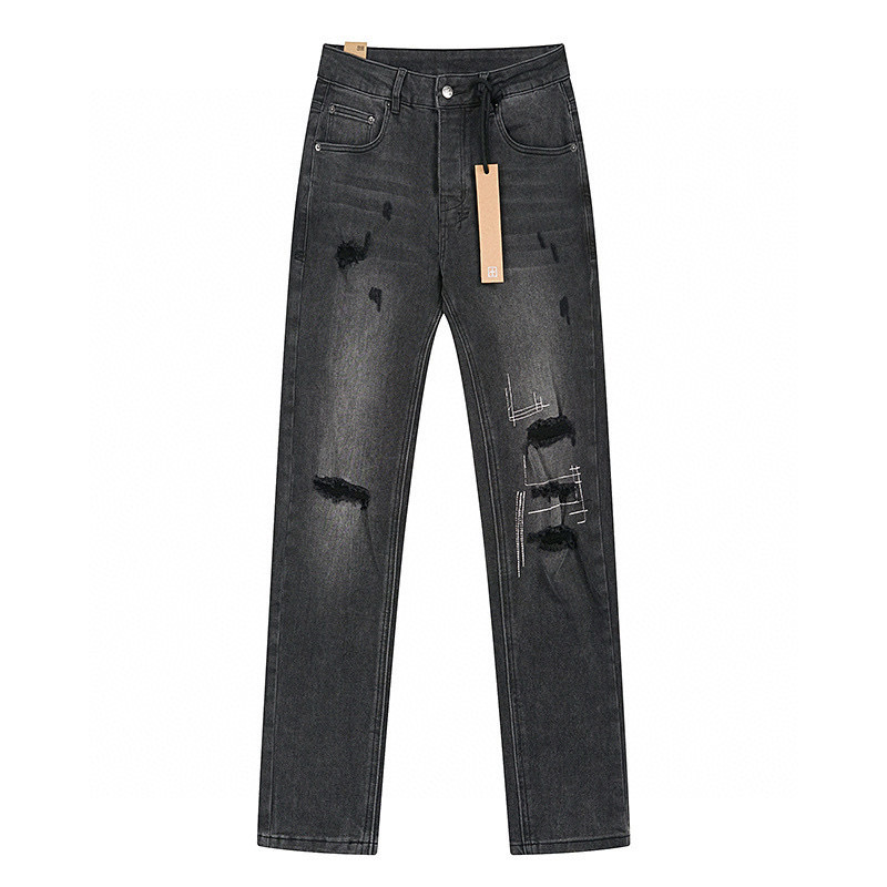 High quality, high street fashion brand splashed ink perforated small leg jeans