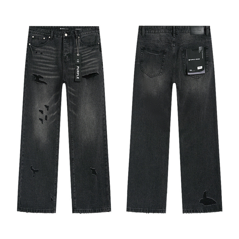 High quality, high street fashion brand splashed ink perforated small leg jeans