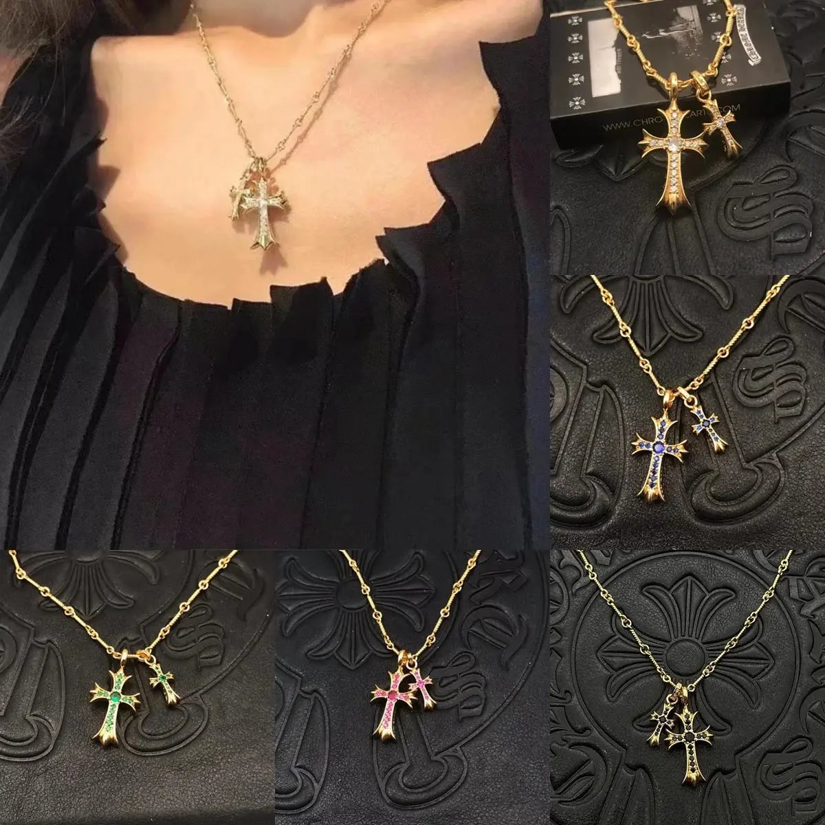 High quality diamond studded double cross necklace