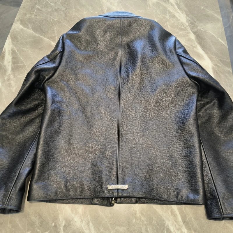 High quality pure silver accessories, plain black cowhide motorcycle leather jacket