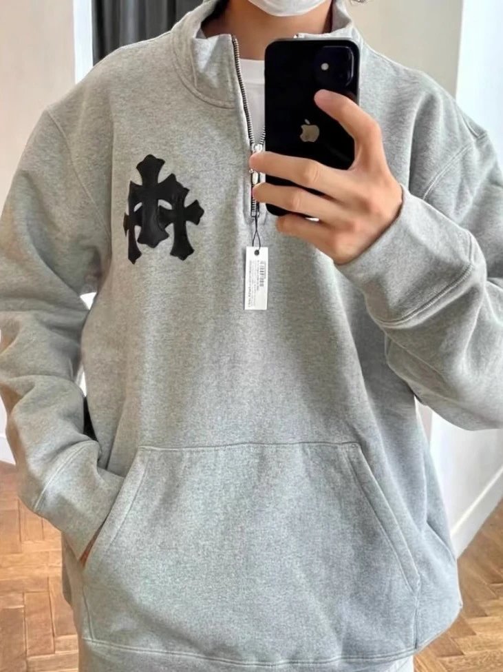 Leather cross logo half zip hoodie for men and women, versatile hoodie