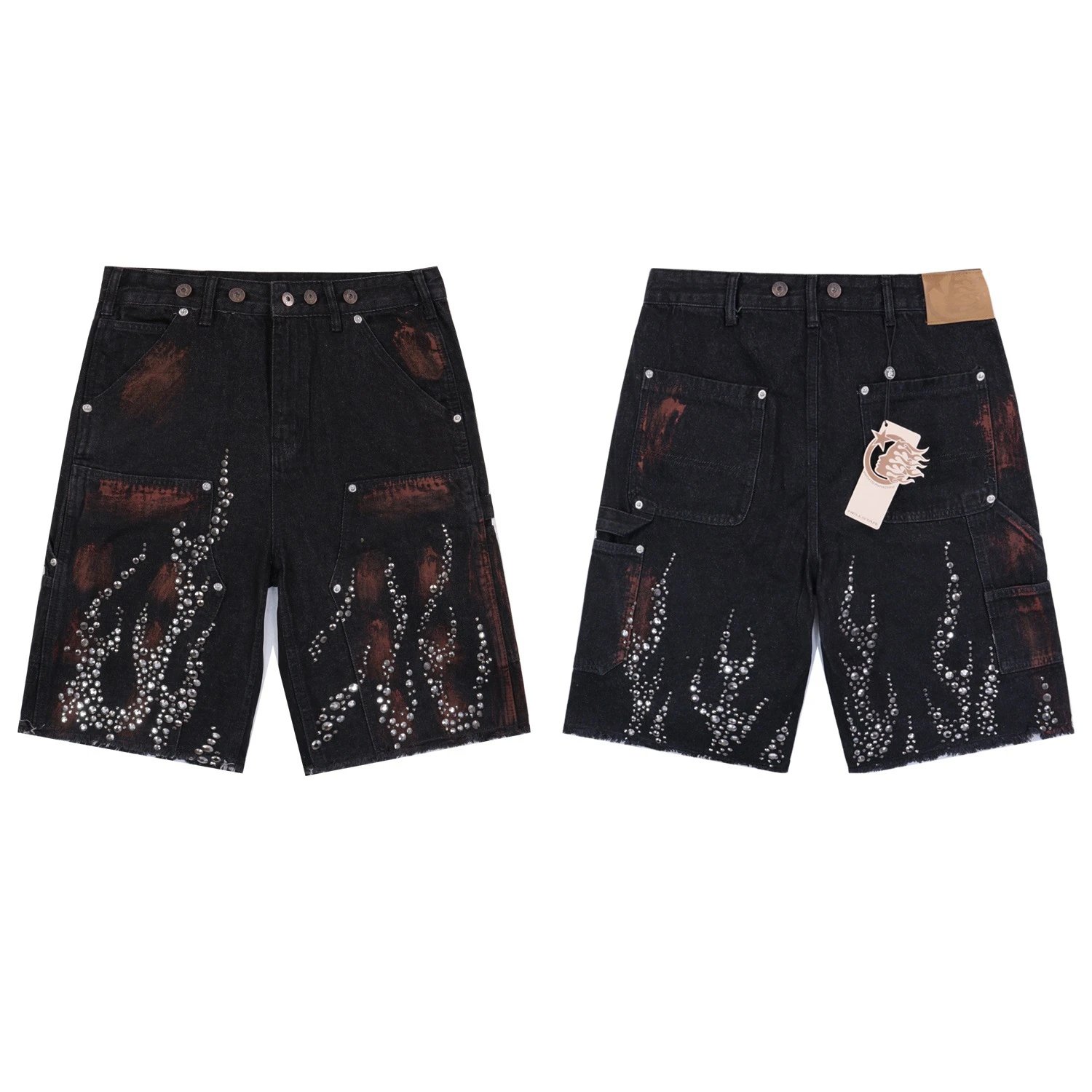 High quality washed denim shorts with rhinestone edges