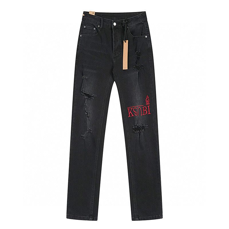 High quality, high street fashion brand splashed ink perforated small leg jeans