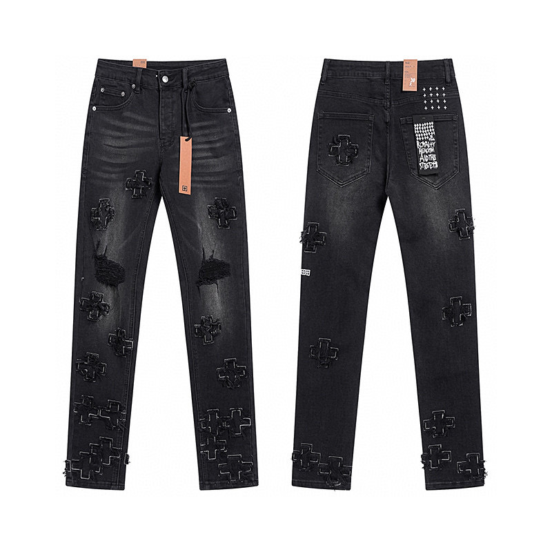 High quality, high street fashion brand splashed ink perforated small leg jeans