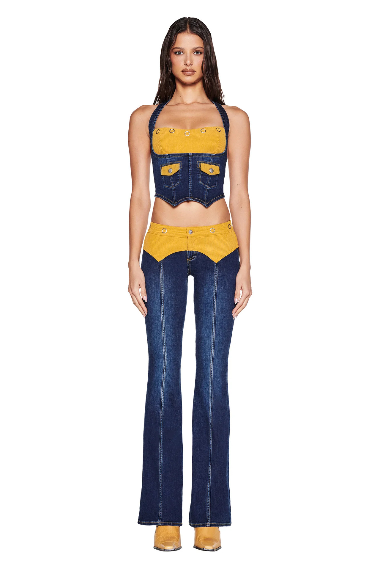 High quality suspender low waisted bell bottom pants set, please add : 18030258501 if you need size guide