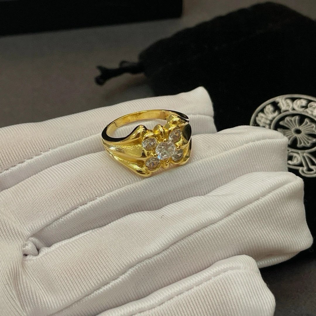 High quality classic retro gold cross flower with diamond ring