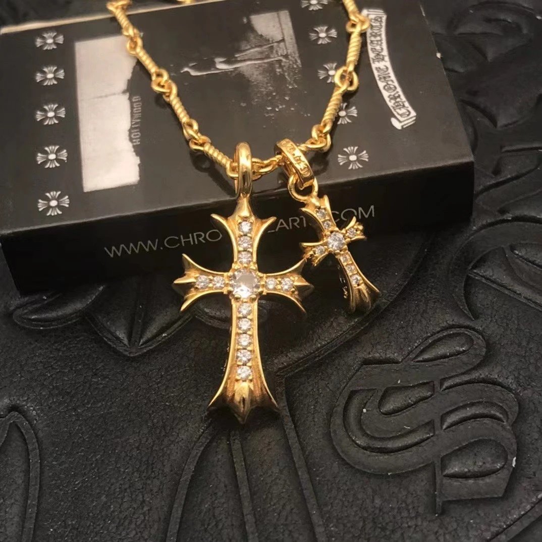 High quality diamond studded double cross necklace