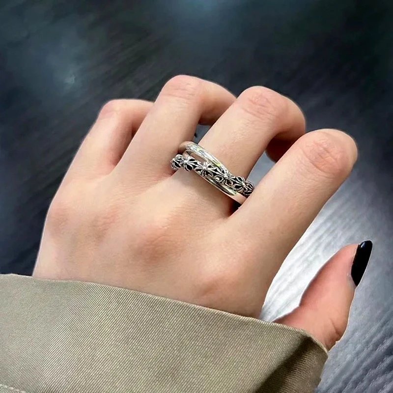Three-Ring Cross Flower Ring 925 Silver Vintage Distressed Versatile Trendy European and American Punk Couple Multi-Layer RingProduct LinkRefresh
