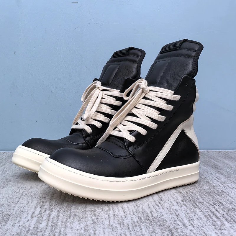 Autumn and winter style height increasing thick soled black and white inverted triangle high top shoes, dark versatile leather short boots