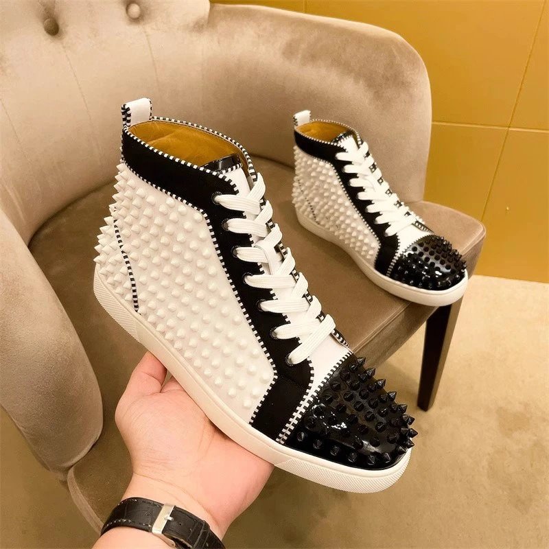 Cross border high-quality genuine leather high top rivet rhinestone flat shoes