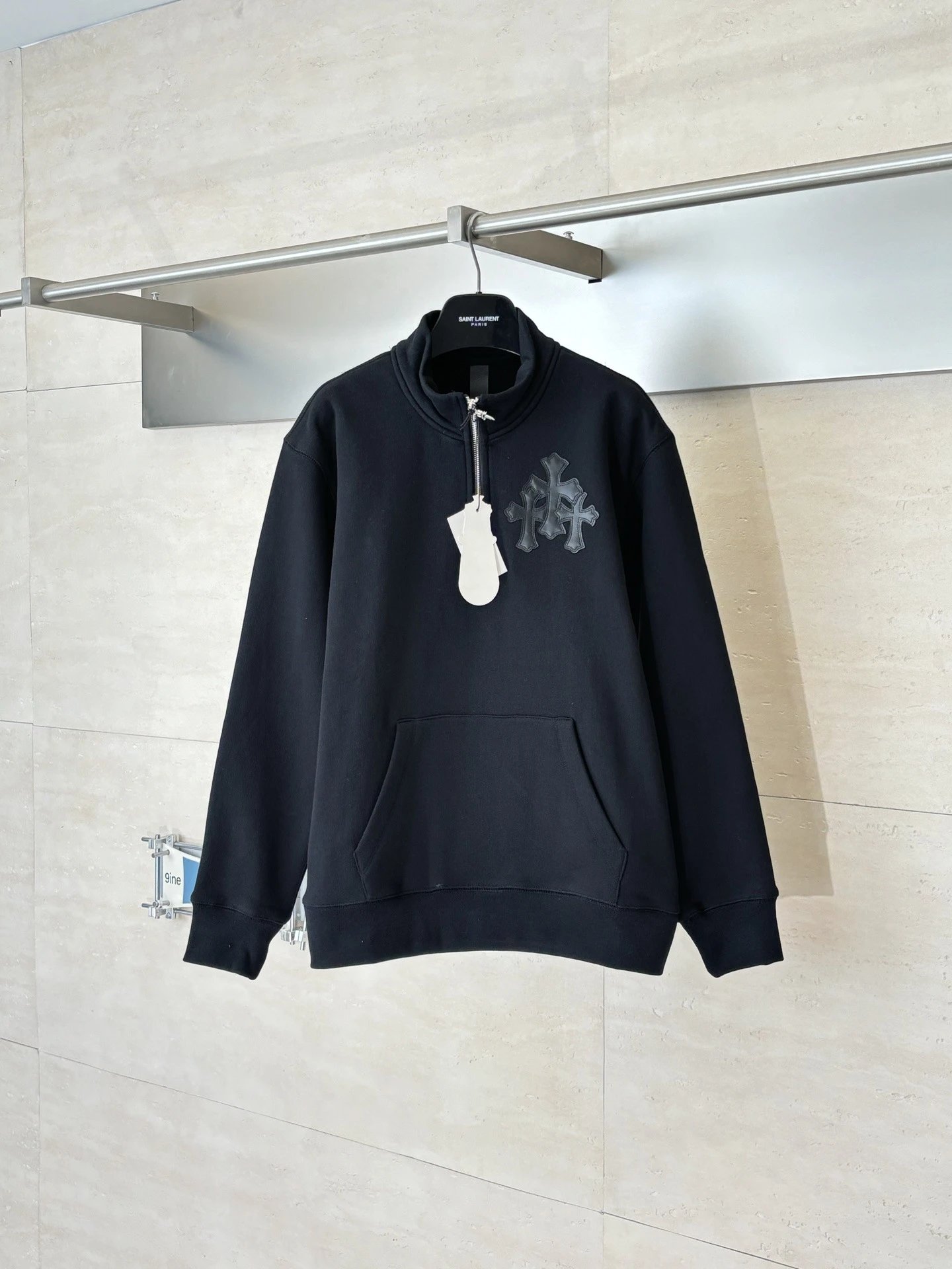 Leather cross logo half zip hoodie for men and women, versatile hoodie