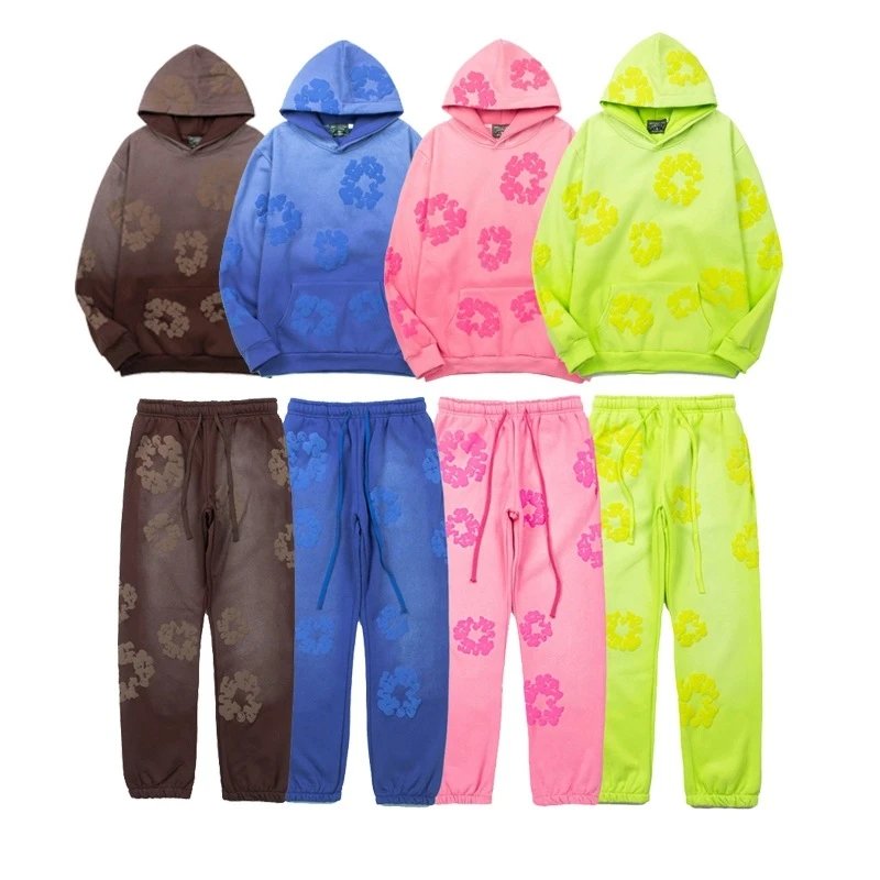 High quality gradient mud dyed cotton foam printed casual hoodie set