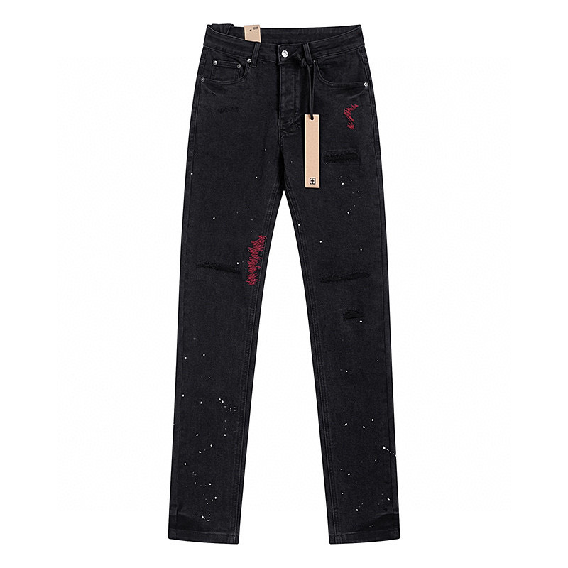 High quality, high street fashion brand splashed ink perforated small leg jeans