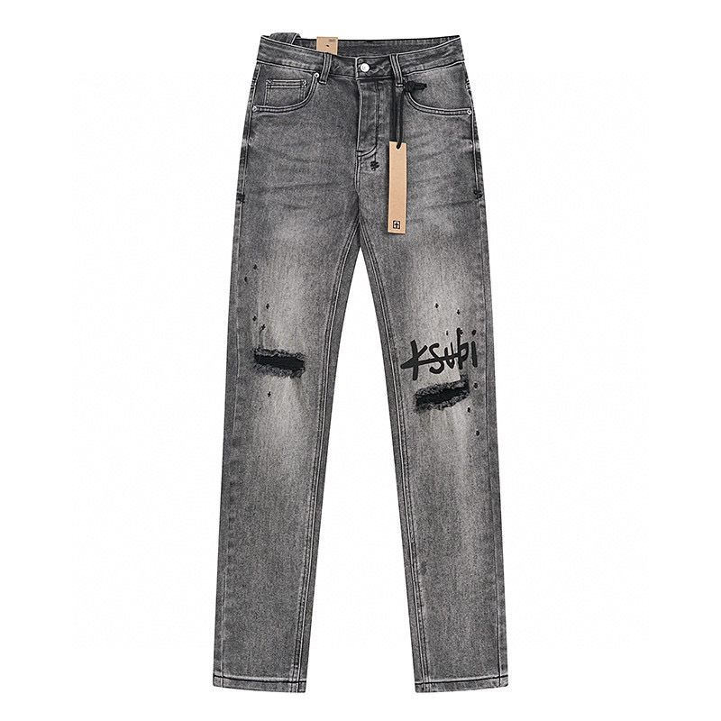 High quality, high street fashion brand splashed ink perforated small leg jeans