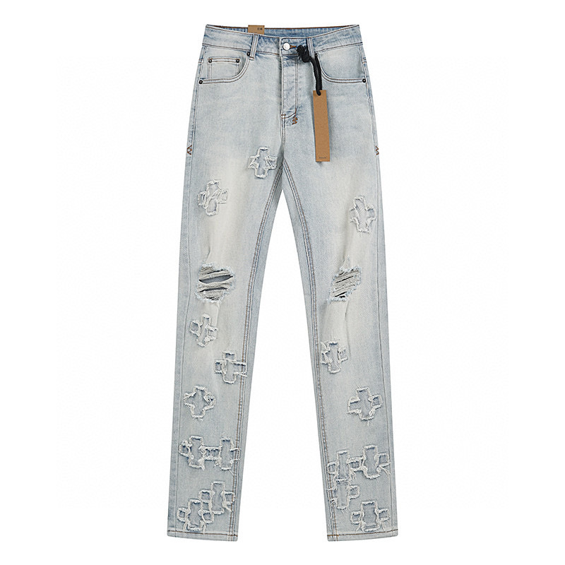 High quality, high street fashion brand splashed ink perforated small leg jeans