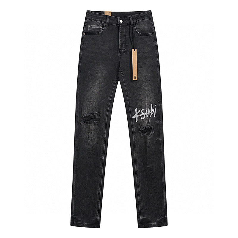 High quality, high street fashion brand splashed ink perforated small leg jeans