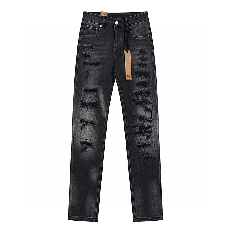 High quality, high street fashion brand splashed ink perforated small leg jeans