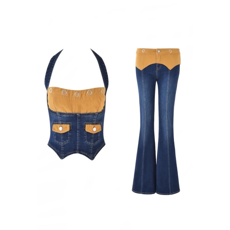 High quality suspender low waisted bell bottom pants set, please add : 18030258501 if you need size guide