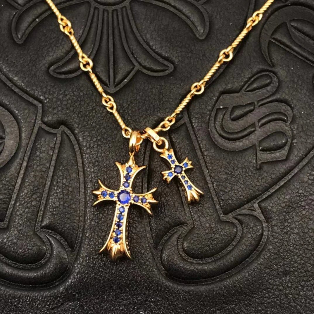 High quality diamond studded double cross necklace