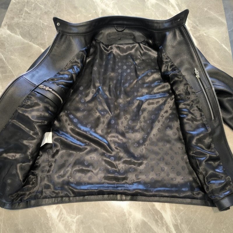 High quality pure silver accessories, plain black cowhide motorcycle leather jacket