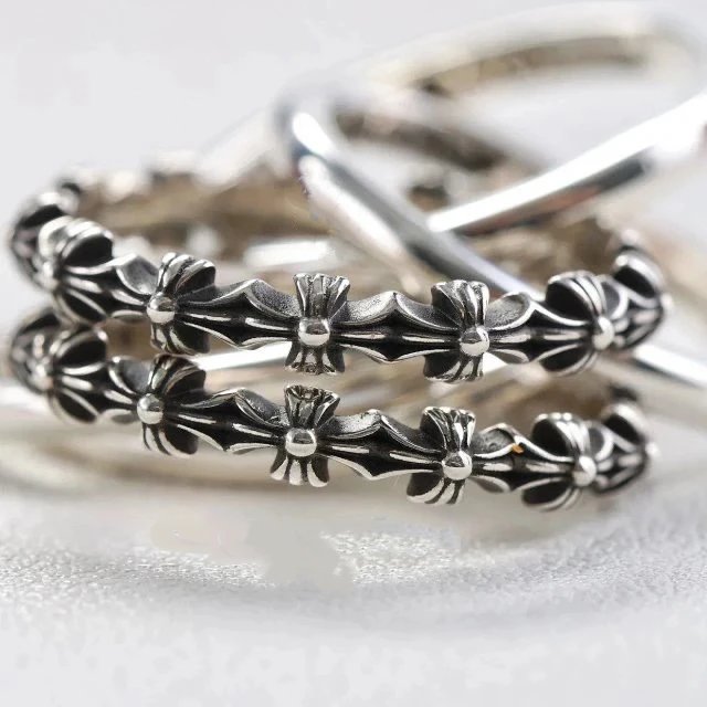 Three-Ring Cross Flower Ring 925 Silver Vintage Distressed Versatile Trendy European and American Punk Couple Multi-Layer RingProduct LinkRefresh