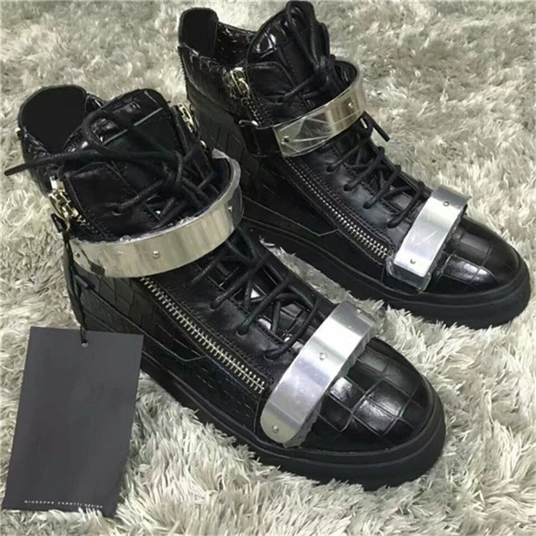 Black genuine leather, patent leather, high top zipper, metal double iron buckle, flat bottomed board shoes