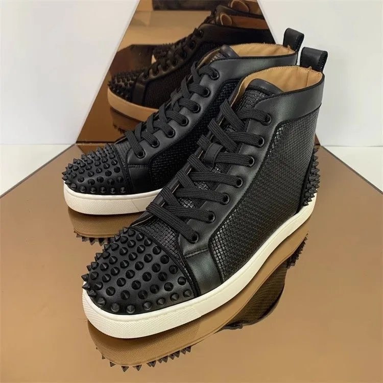 Cross border high-quality genuine leather high top rivet rhinestone flat shoes