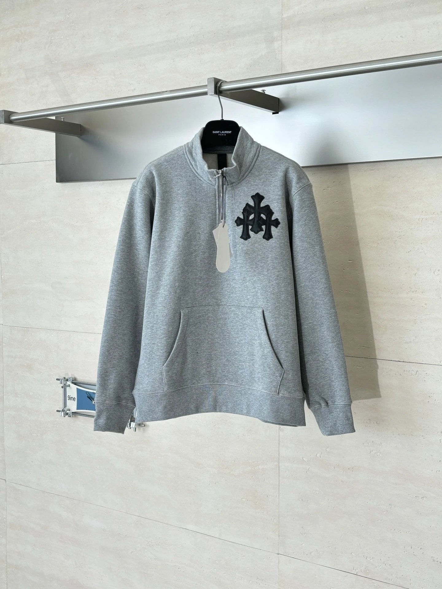 Leather cross logo half zip hoodie for men and women, versatile hoodie