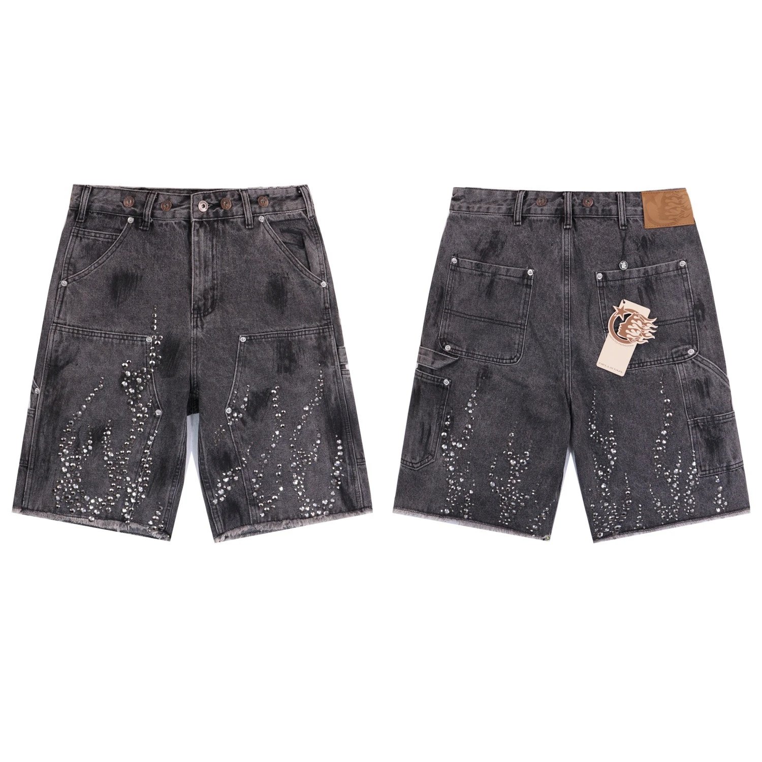 High quality washed denim shorts with rhinestone edges