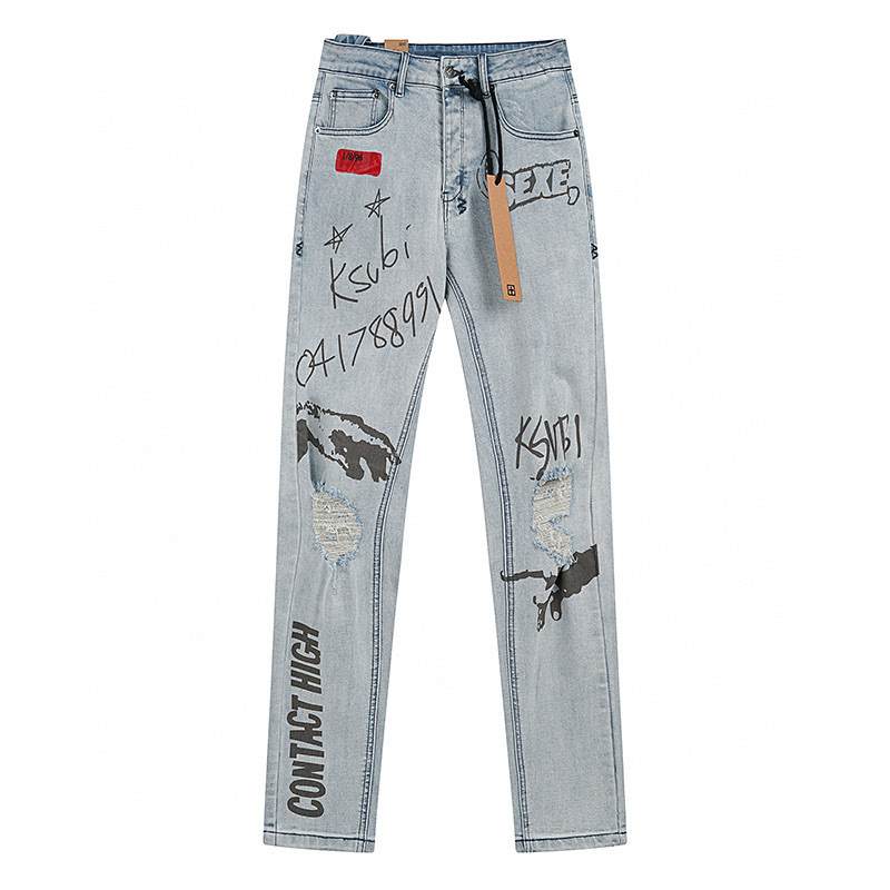 High quality, high street fashion brand splashed ink perforated small leg jeans