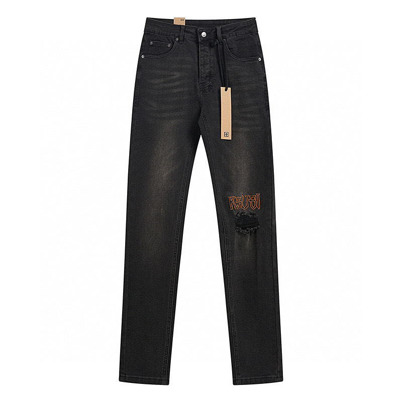 High quality, high street fashion brand splashed ink perforated small leg jeans