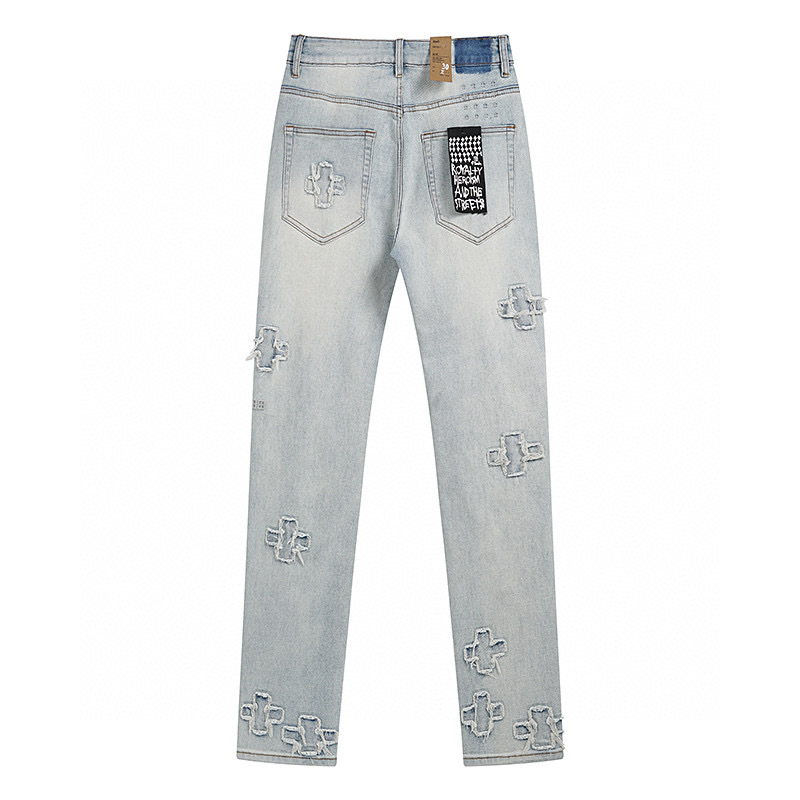High quality, high street fashion brand splashed ink perforated small leg jeans