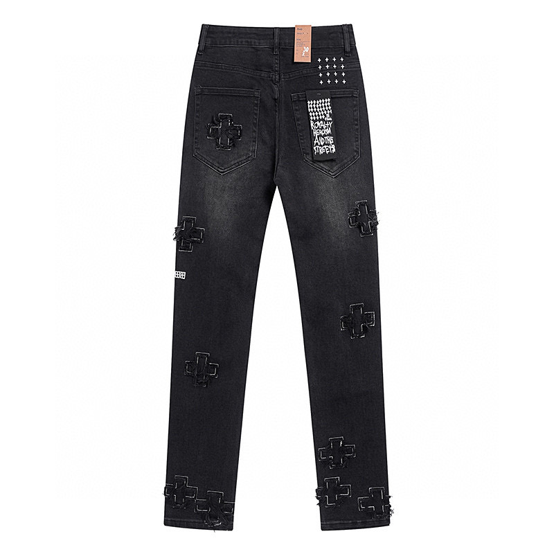 High quality, high street fashion brand splashed ink perforated small leg jeans