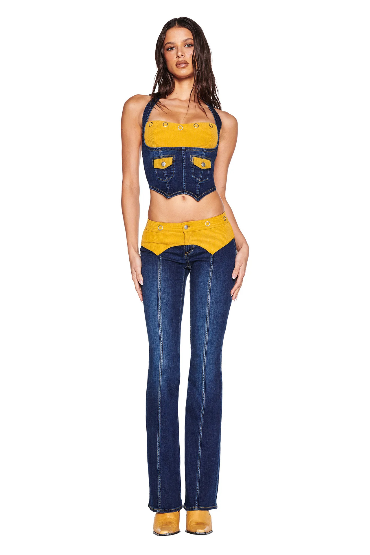 High quality suspender low waisted bell bottom pants set, please add : 18030258501 if you need size guide