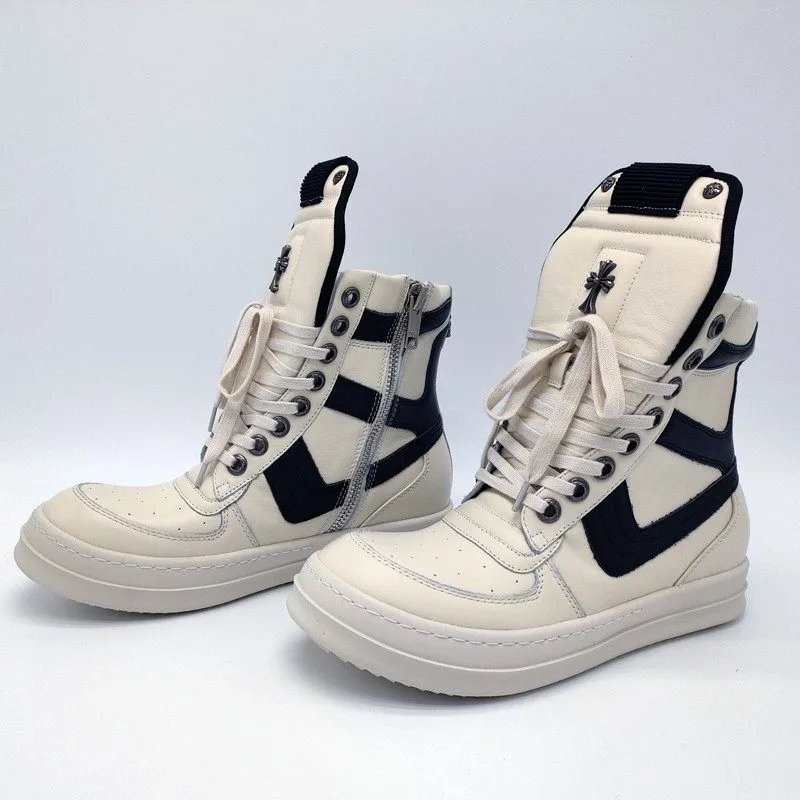 Autumn and winter style height increasing thick soled black and white inverted triangle high top shoes, dark versatile leather short boots