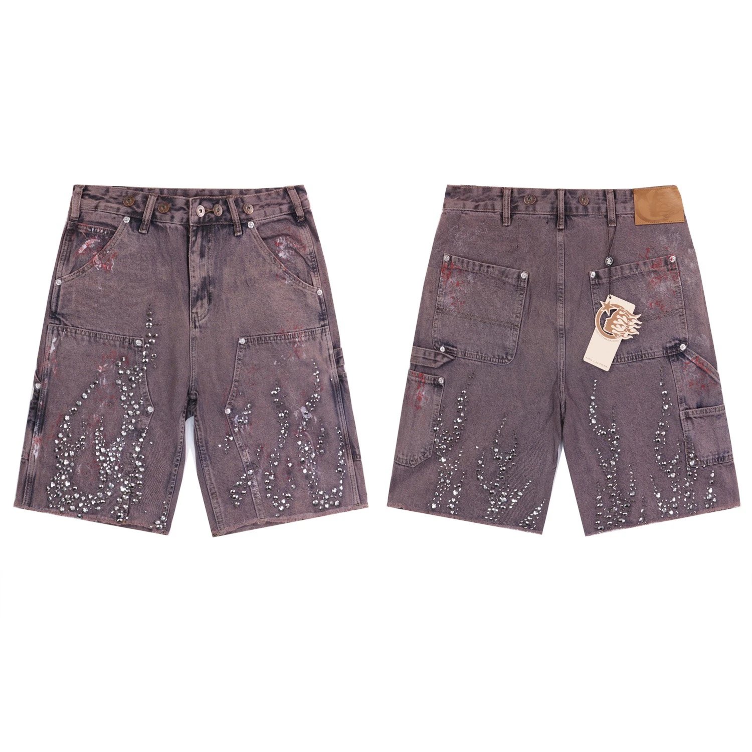 High quality washed denim shorts with rhinestone edges