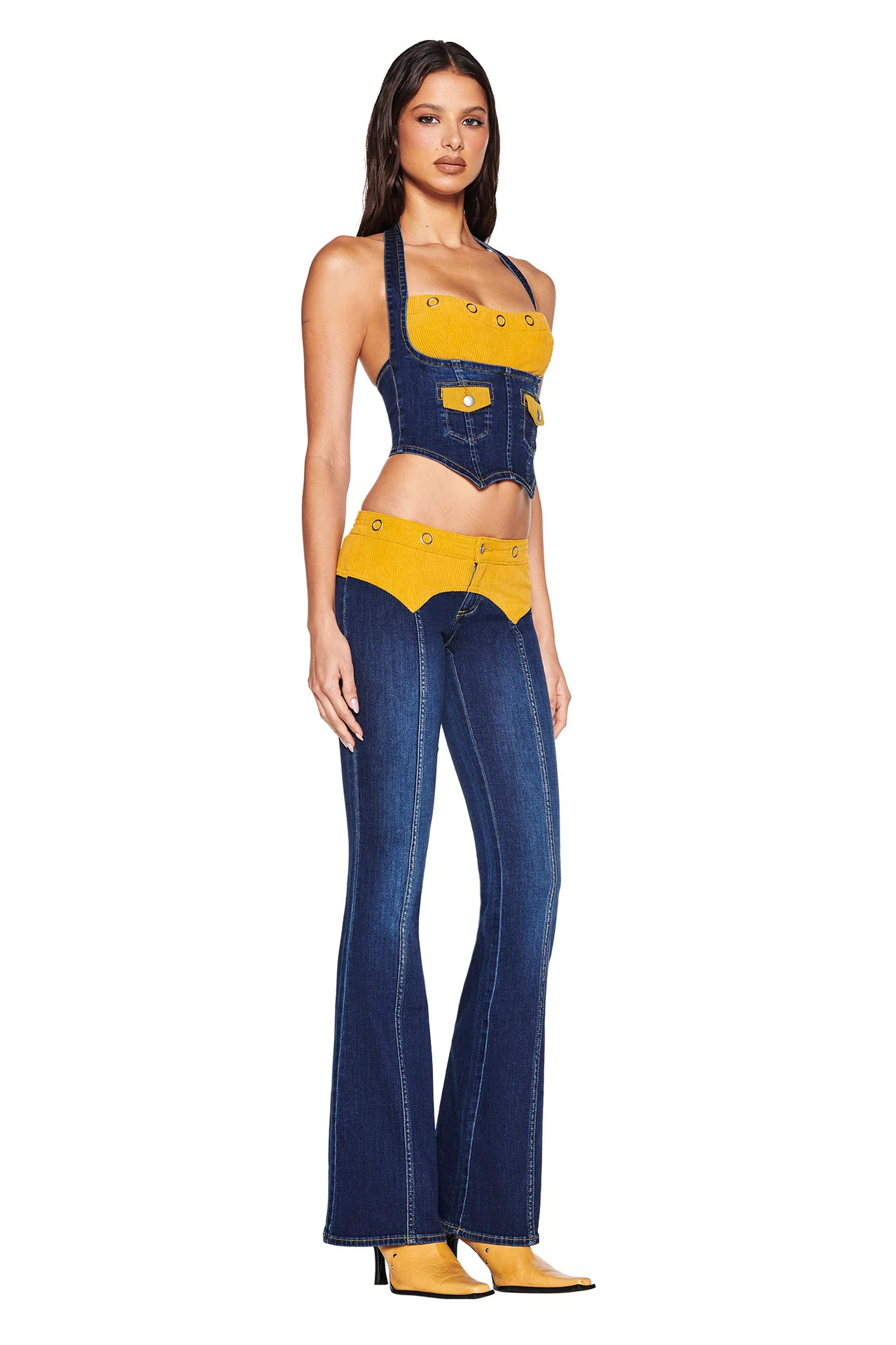 High quality suspender low waisted bell bottom pants set, please add : 18030258501 if you need size guide