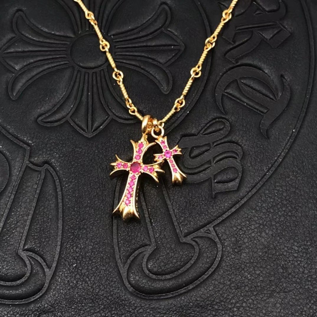 High quality diamond studded double cross necklace