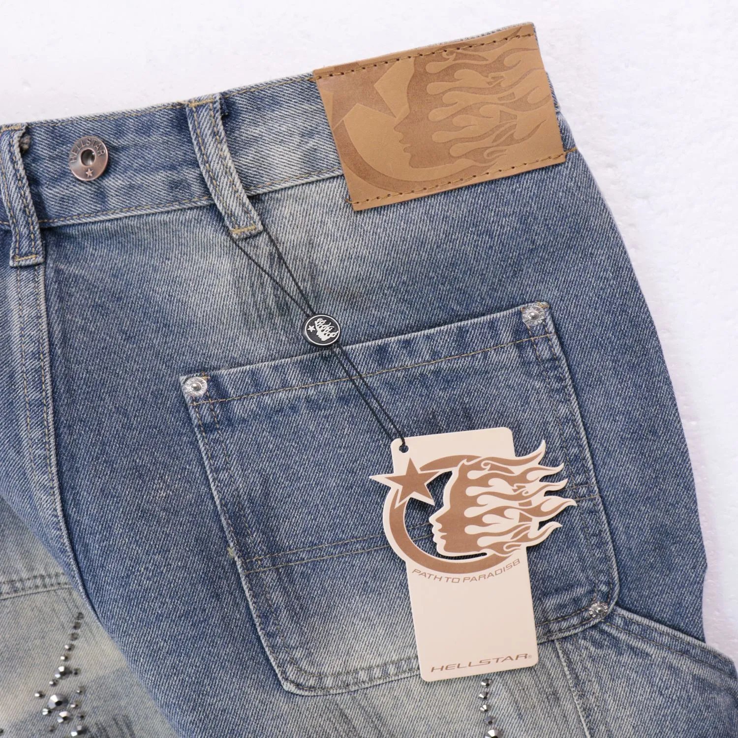 High quality washed denim shorts with rhinestone edges