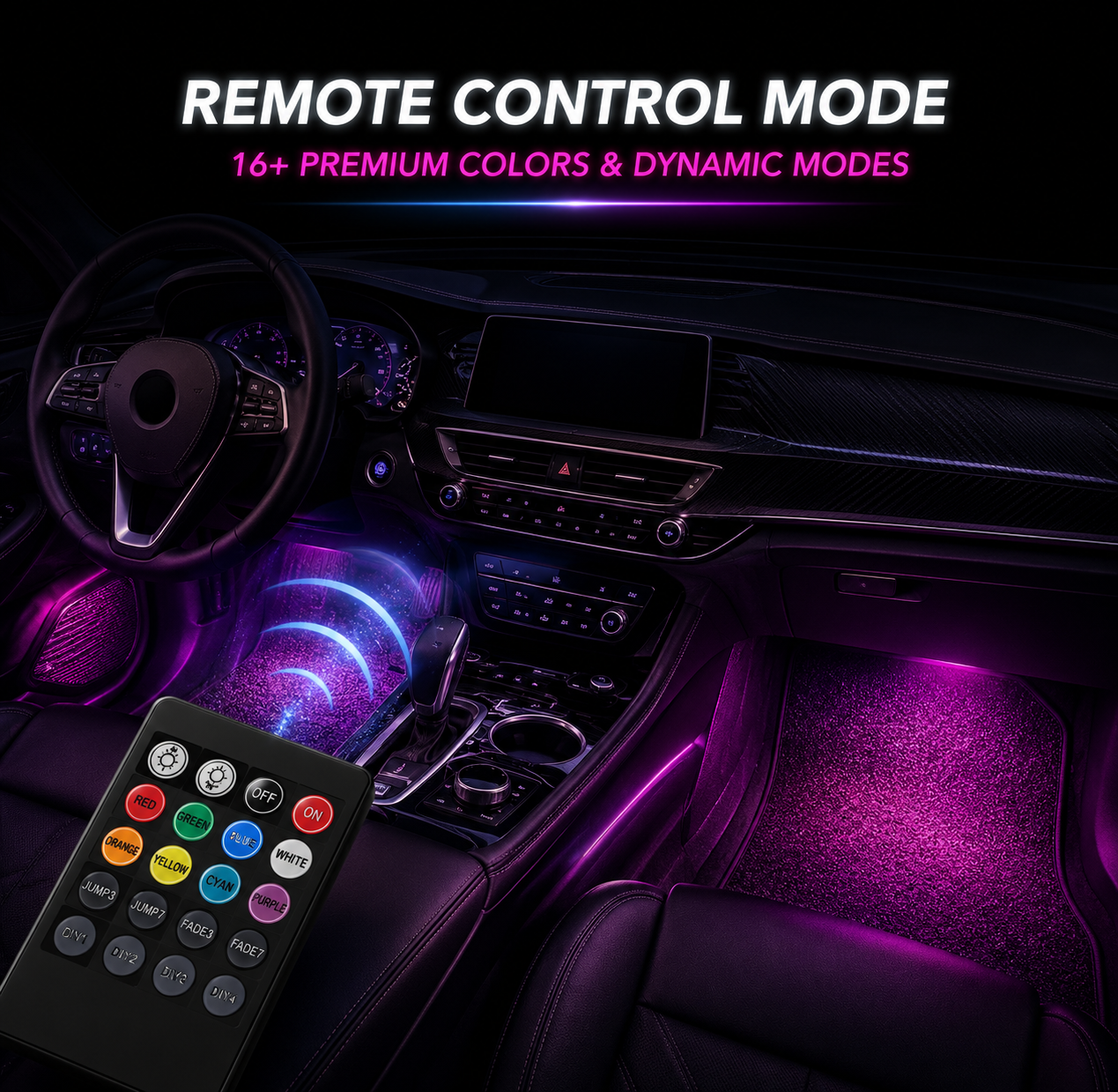 Wireless Car Interior Ambient Lighting - 7 Color Modes LED Strip Lights with Smart Voice Control & Music Sync, USB Rechargeable Premium Car Decor