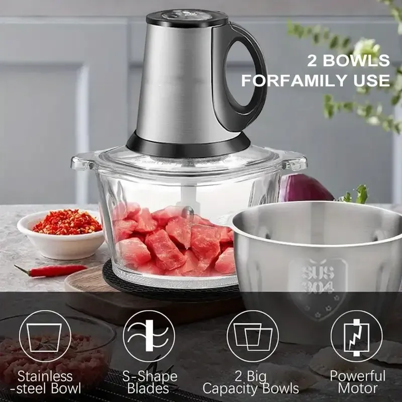 SPZTJK 2L Baby Food Processor & Meat Grinder - 2 Free Dishwasher-Safe Blades & Bowls, Pure Copper Motor for Homemade Puree/Nuts/Meat, BPA-Free & Quiet Design for Family Cooking