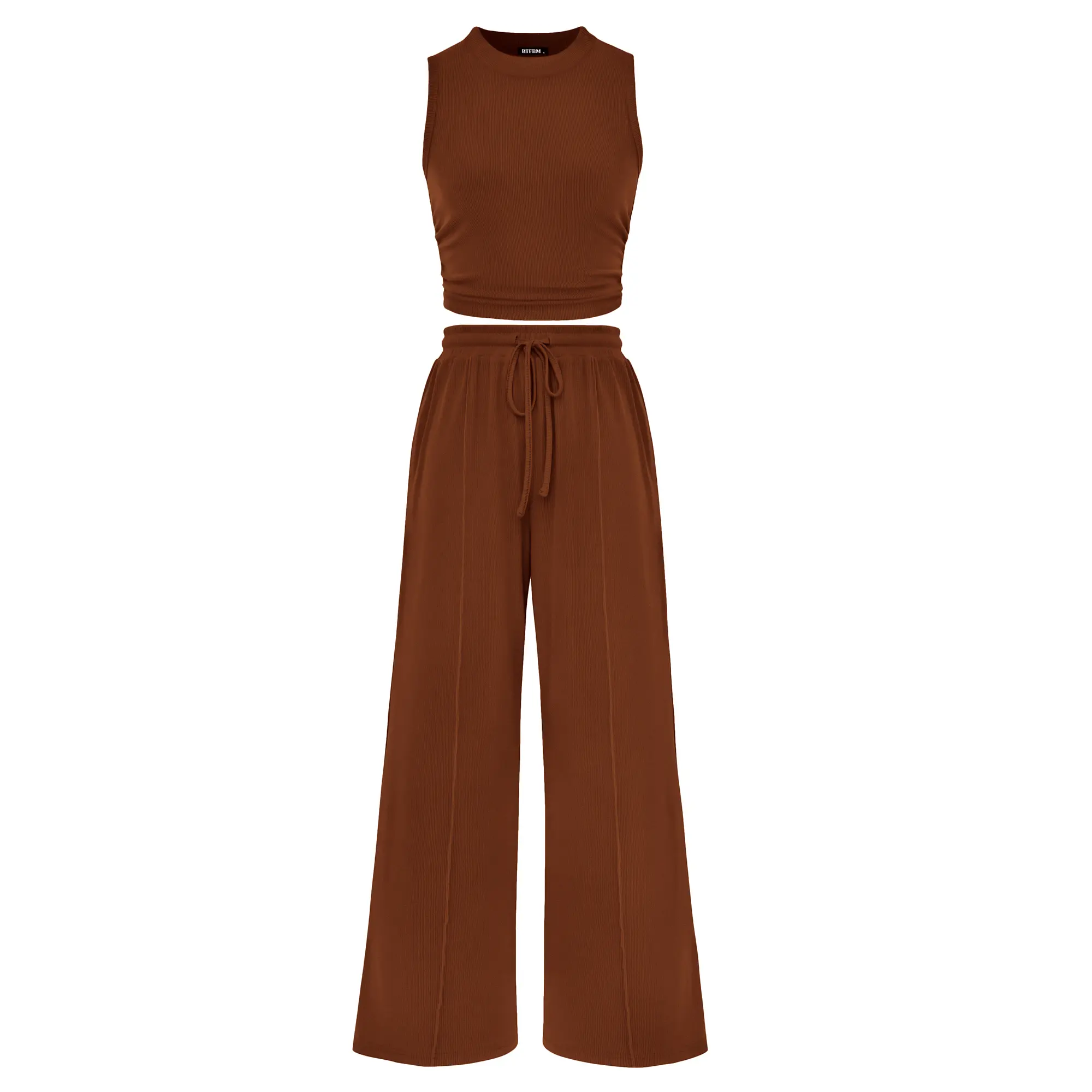 BTFBM Women's Summer 2-Piece Outfits - Ribbed Knit Crew Neck Sleeveless Cropped Top & Wide Leg Pants Lounge Set #Outdoorfun