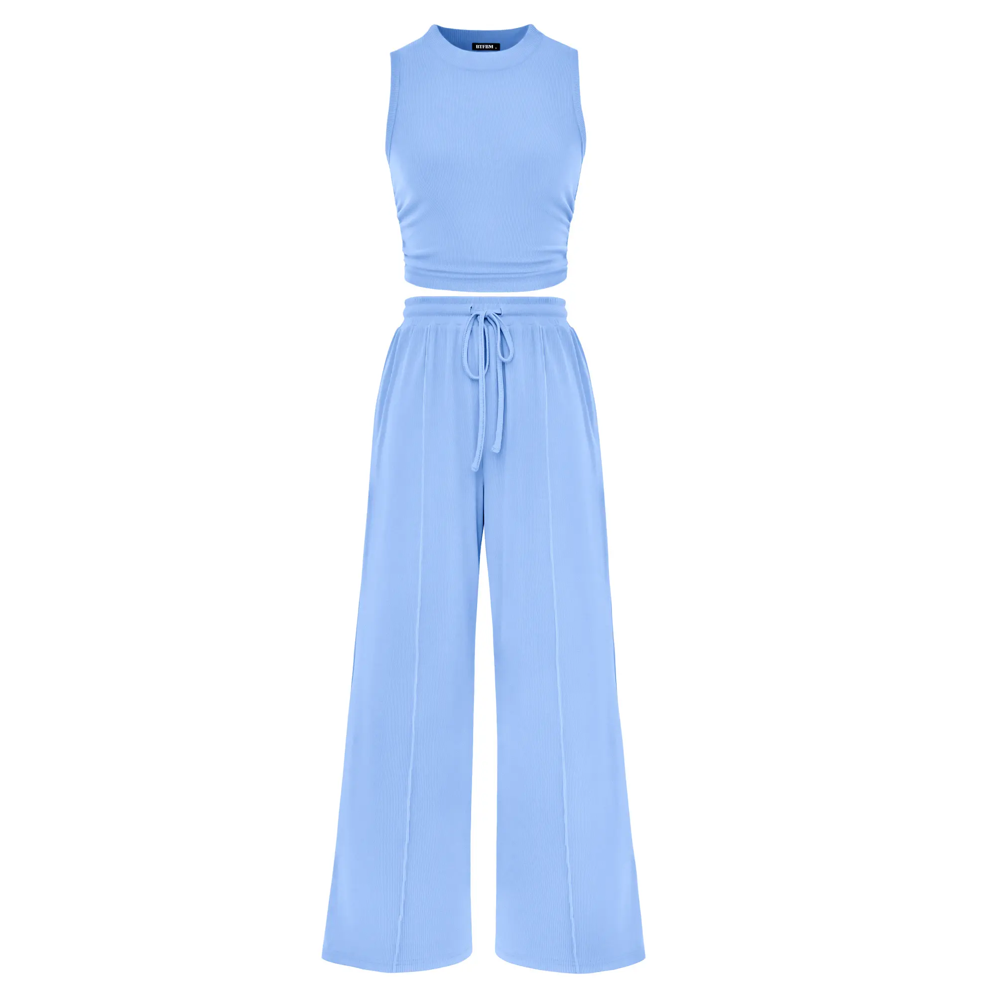 BTFBM Women's Summer 2-Piece Outfits - Ribbed Knit Crew Neck Sleeveless Cropped Top & Wide Leg Pants Lounge Set #Outdoorfun