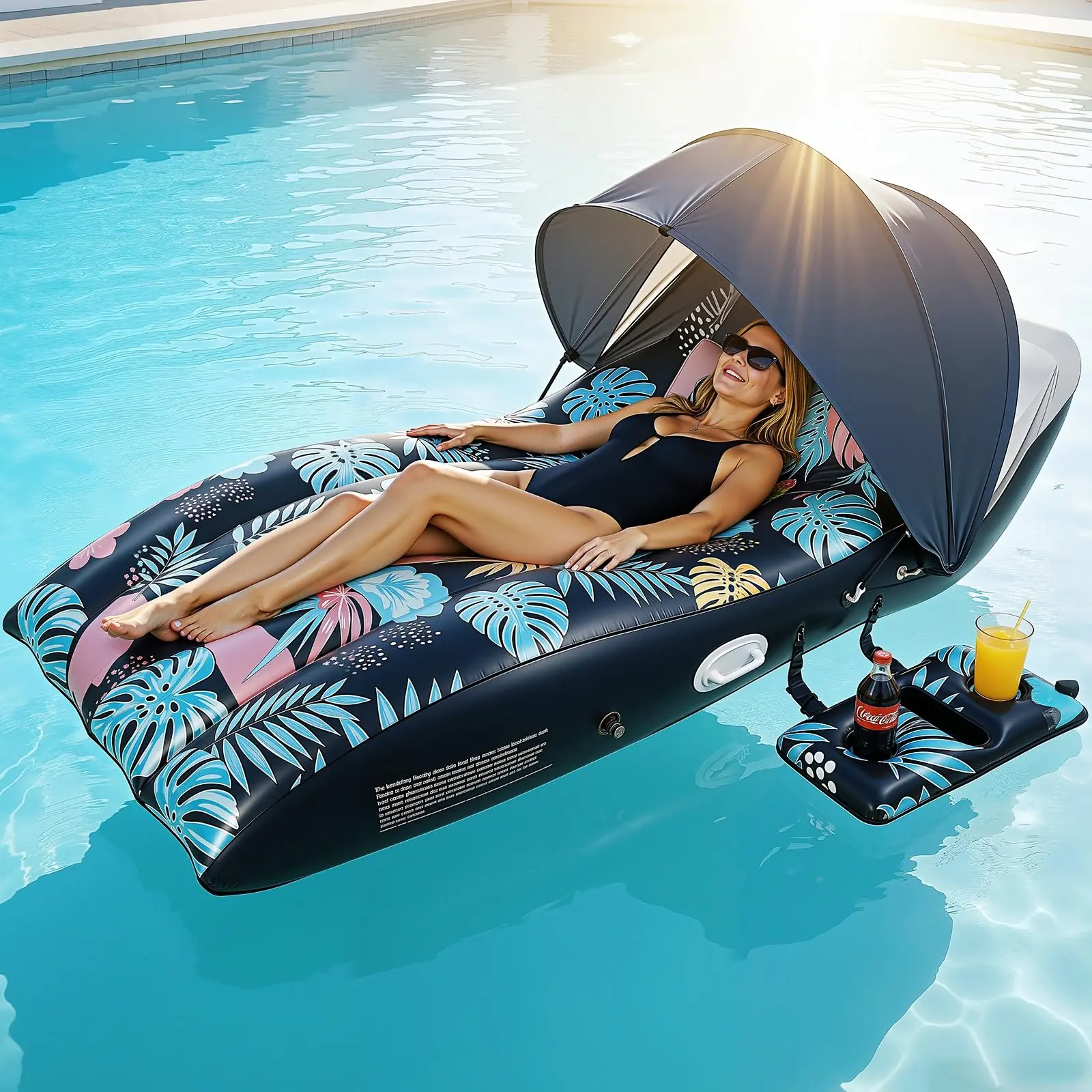 Benazcap Pool Floats Lounger with UPF50+ Canopy Adjustable Inflatable Large Floating Chair Ergonomic Design with Cup Holders Perfect for Swimming Pool Beach Lake Party Dark Blue