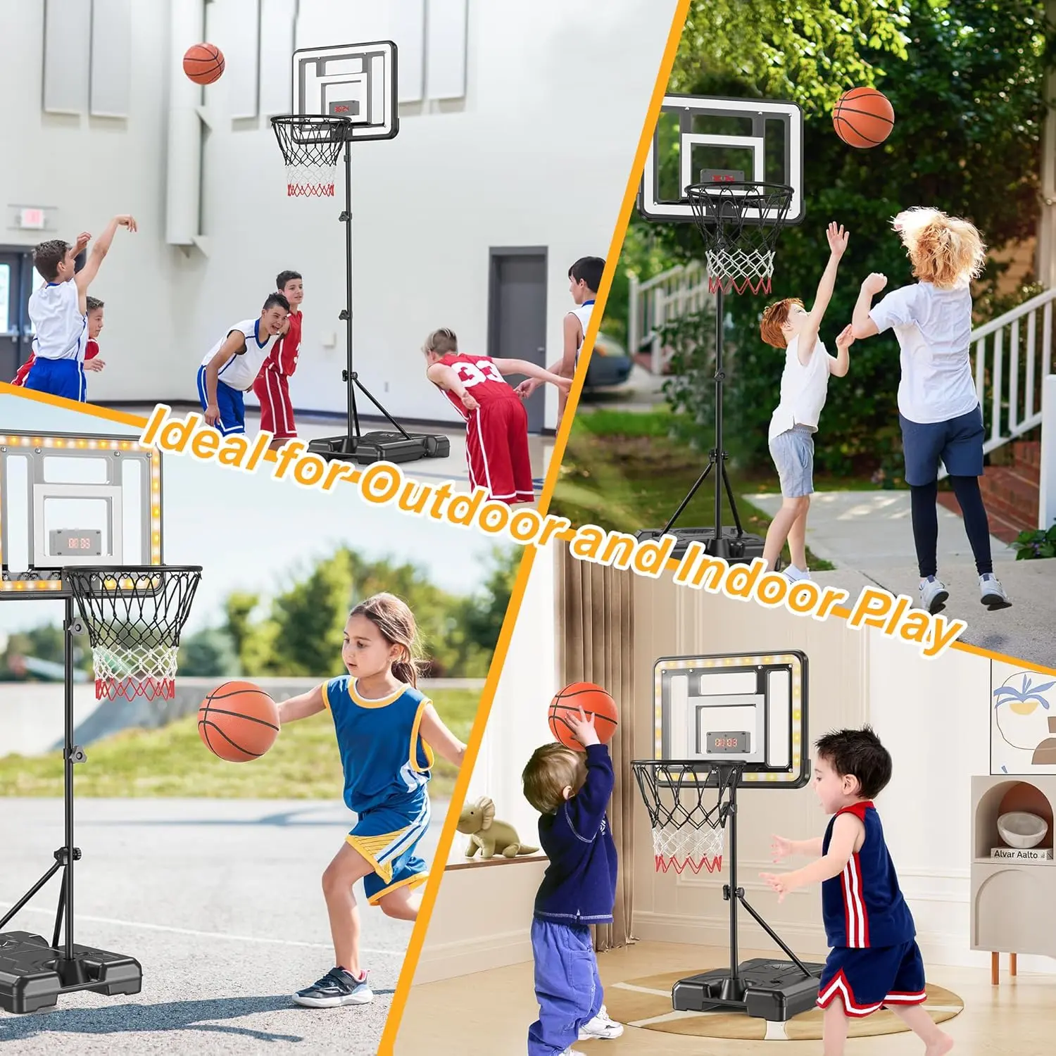 CuLiDing Kids 3ft to 5.8ft Height Adjustable Indoor Basketball Stand with Timer,Weatherproof Base for Outdoor Practice Portable Durable Fun Mother's Day Gift