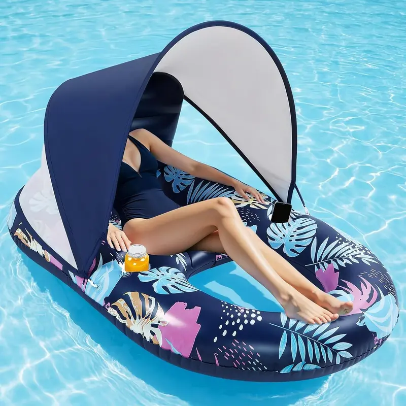 Benazcap Pool Floats Lounger with UPF50+ Canopy Adjustable Inflatable Large Floating Chair Ergonomic Design with Cup Holders Perfect for Swimming Pool Beach Lake Party Dark Blue
