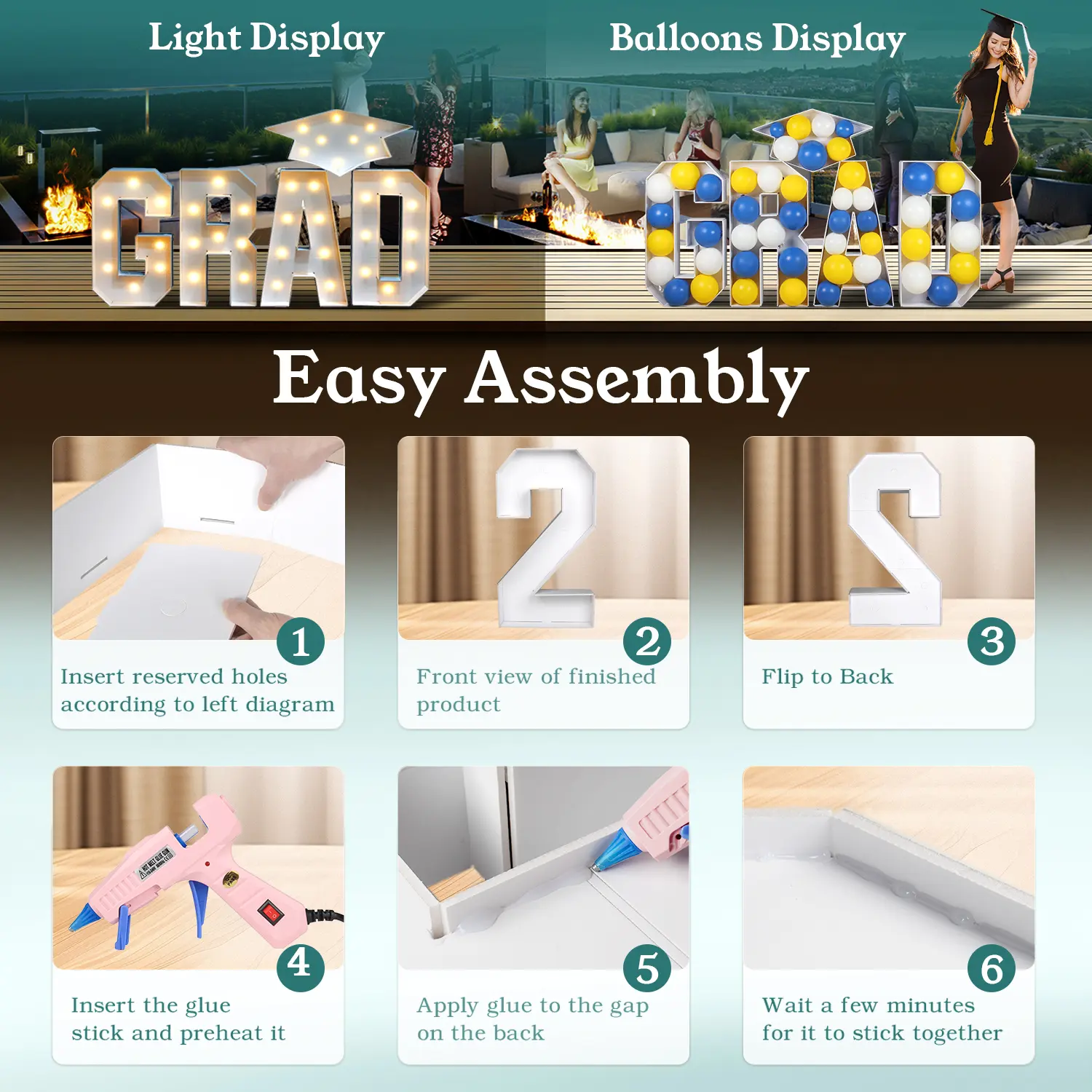 2026 Graduation Party DIY Decorations - 2.3FT Pre-Cut 2026/GRAD/26 Marquee Letter Sign with Light - DIY Mosaic Foam Board Includes Glue Gun Balloons for Kindergarten Preschool College Prom