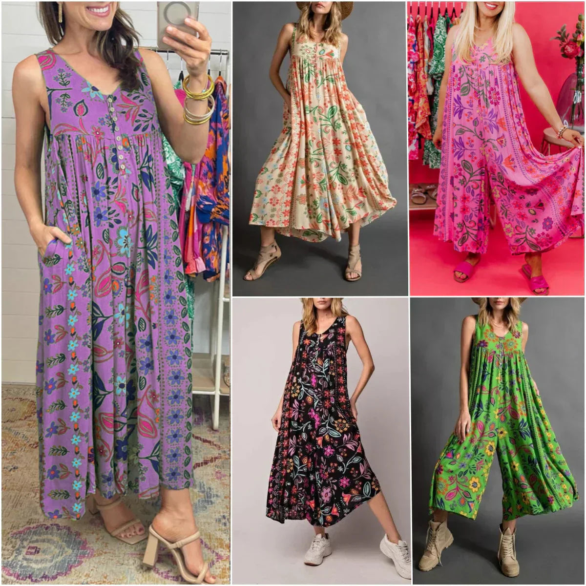🔥HEISSER VERKAUF💃✨ Vintage Blumenmuster lockerer ärmelloser Jumpsuit