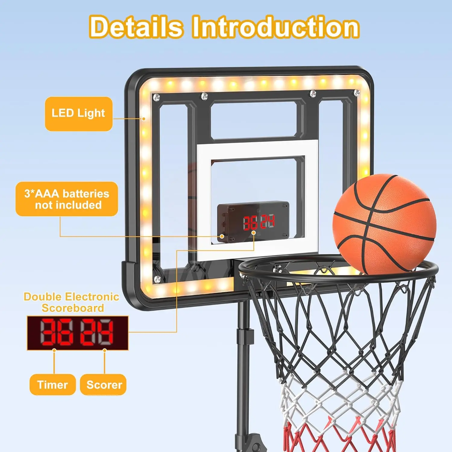 CuLiDing Kids 3ft to 5.8ft Height Adjustable Indoor Basketball Stand with Timer,Weatherproof Base for Outdoor Practice Portable Durable Fun Mother's Day Gift