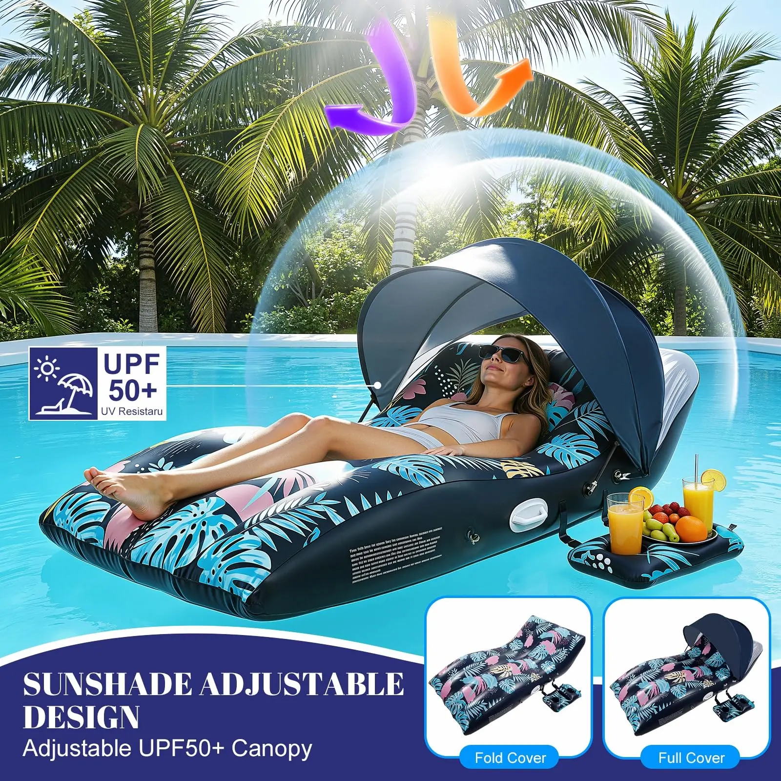 Benazcap Pool Floats Lounger with UPF50+ Canopy Adjustable Inflatable Large Floating Chair Ergonomic Design with Cup Holders Perfect for Swimming Pool Beach Lake Party Dark Blue